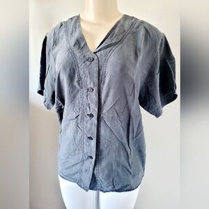 Oscar De La Renta Expressions 100% Silk Charcoal Button-Down Shirt Women Small